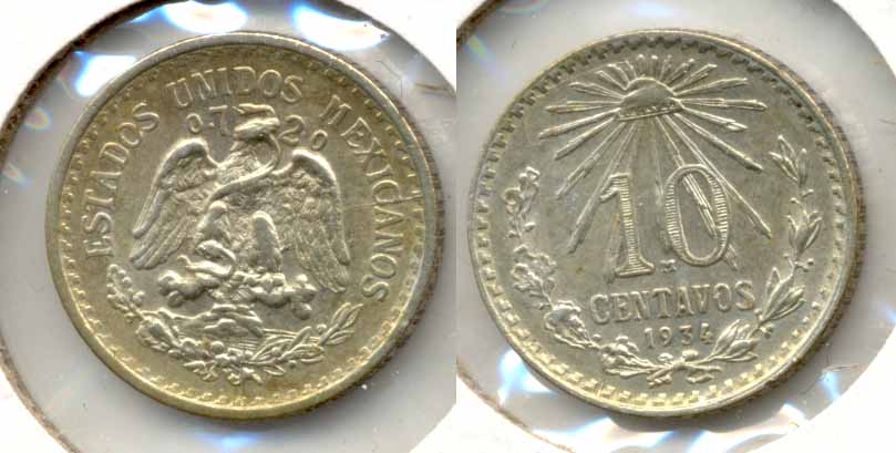 1934 Mexico 10 Centavos AU-50