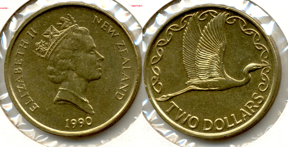 1990 New Zealand $2 Dollars MS-60