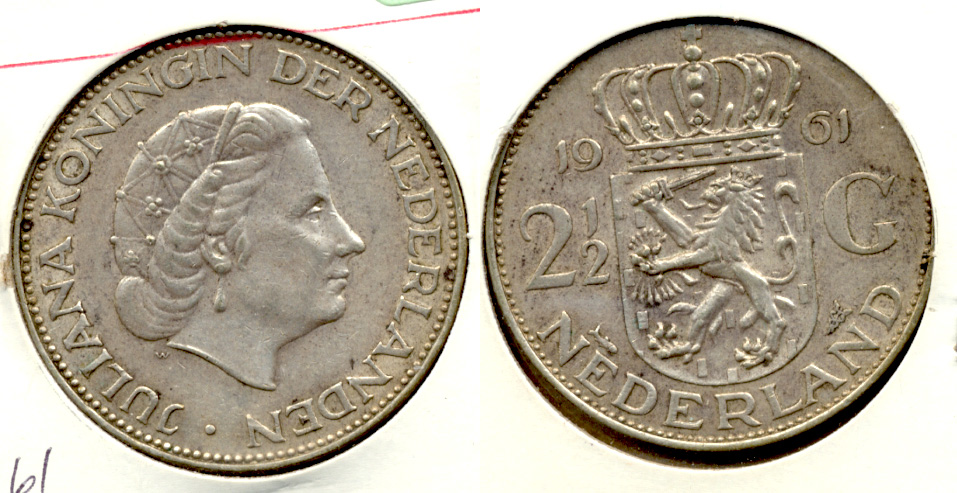 1961 Netherlands 2 1/2 Gulden EF-40