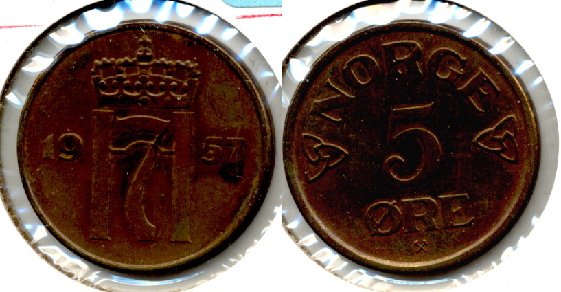1957 Norway 5 Ore AU-50