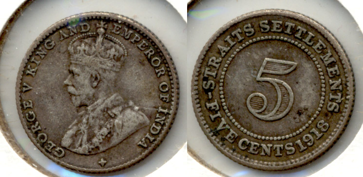 1918 Malaysia Straits Settlements 5 Cents VF-20