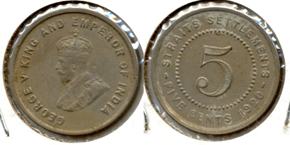 1920 Malaysia Straits Settlements 5 Cents VF-20