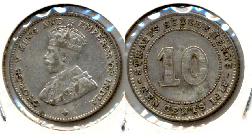 1918 Malaysia Straits Settlements 10 Cents VF-20