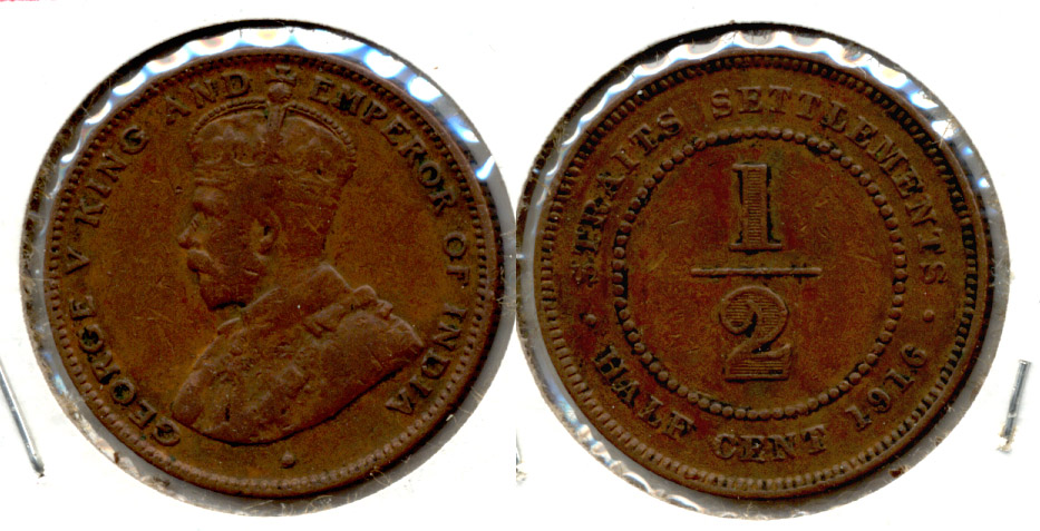 1916 Malaysia Straits Settlements 1/2 Cent Fine-12