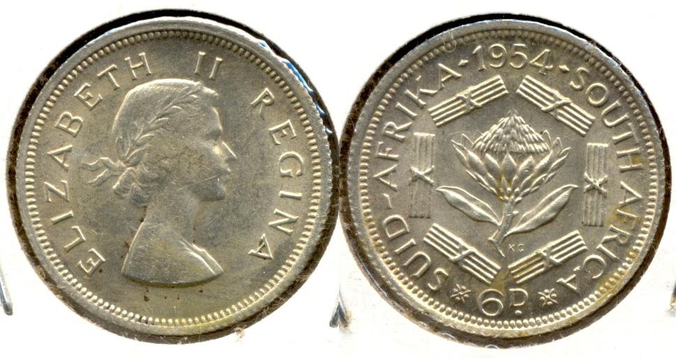 1954 South Africa 6 Pence AU-50