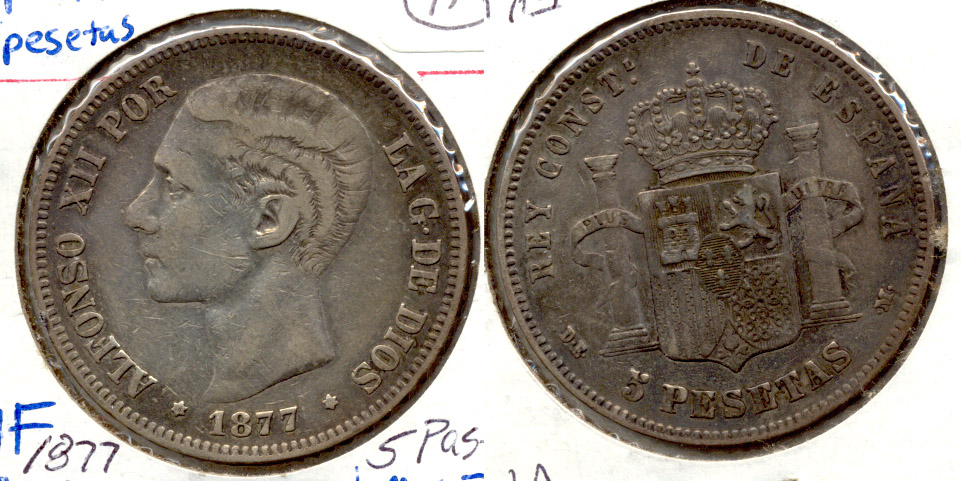 1877 Spain 5 Pesetas VF-20