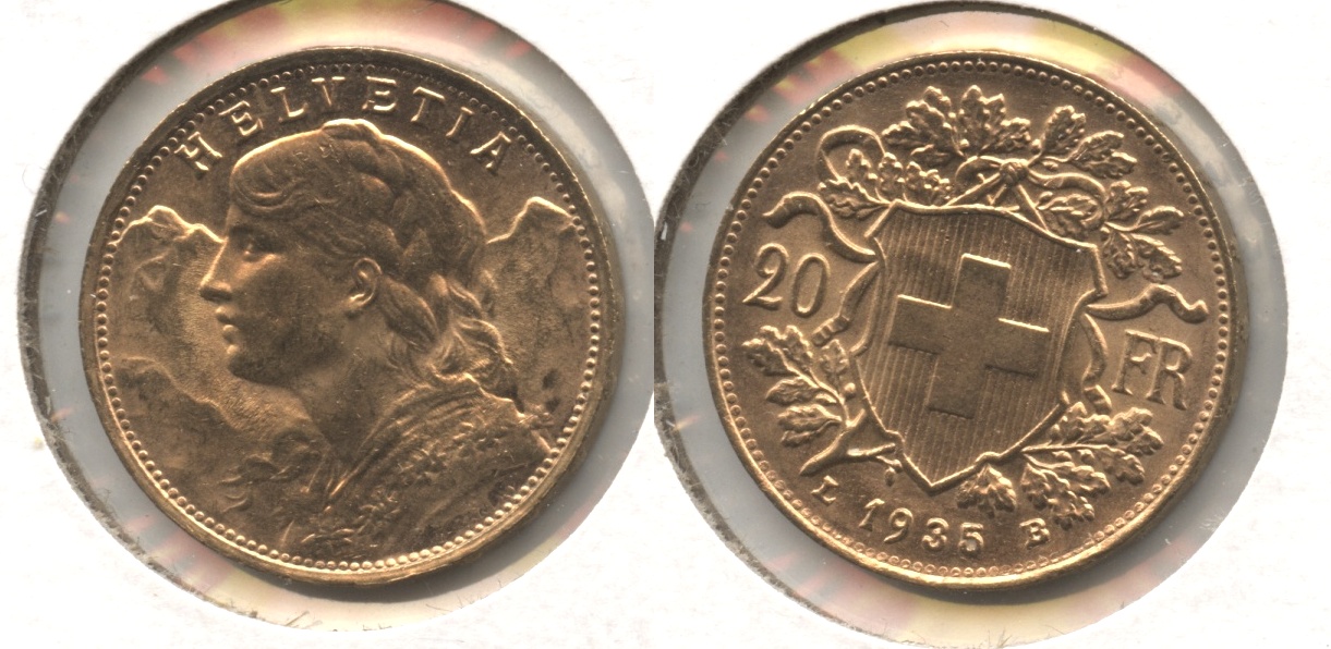 1935 Switzerland 20 Francs AU-55 #b