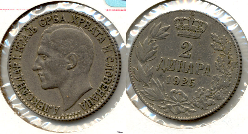 1925 Yugoslavia 2 Dinar VF-20