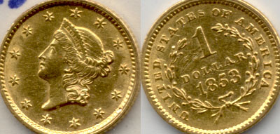 1853 Type 1 Gold Dollar AU-55 Reverse Scratches