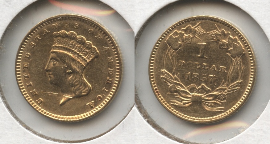 1857 Type 3 Gold Dollar AU-50 Obverse Damage