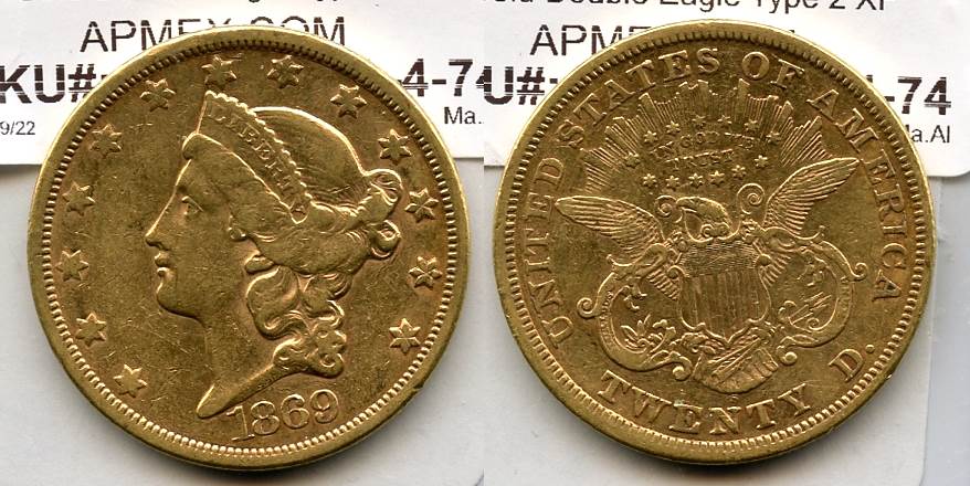 1869-S Liberty Head $20.00 Gold Double Eagle EF-40