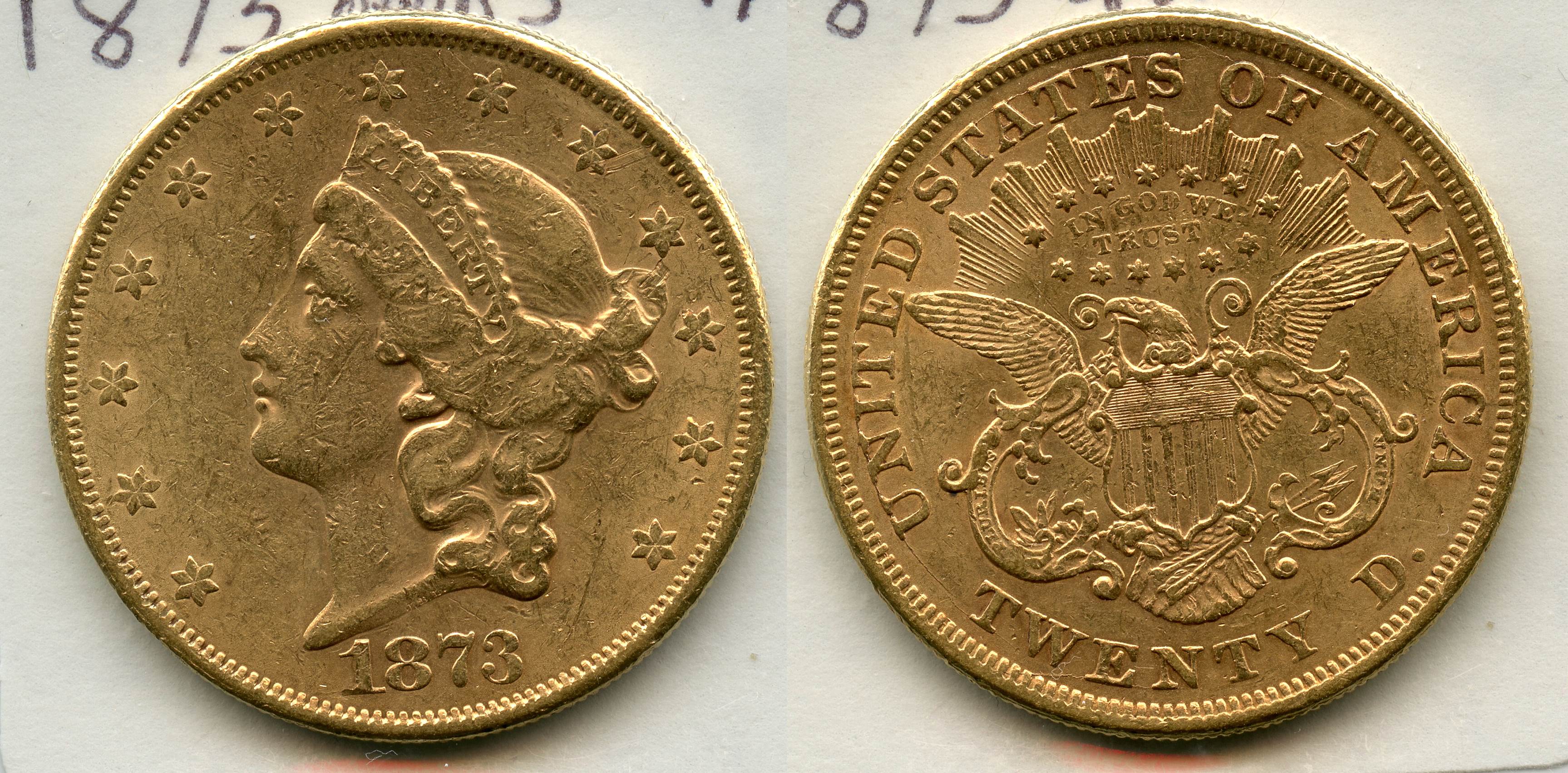 1873 Open 3 Liberty Head $20.00 Gold Double Eagle VF-20 large