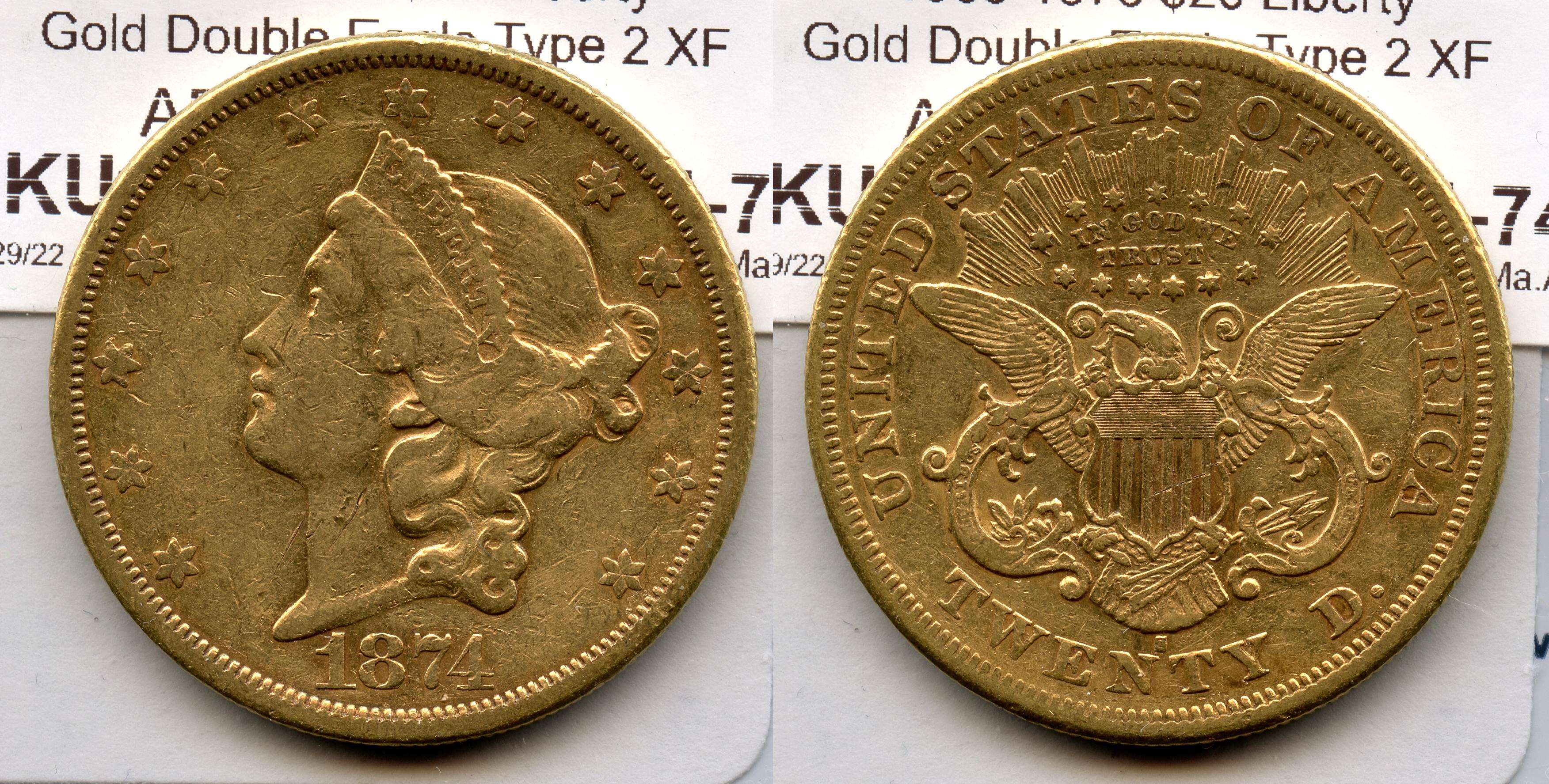 1874-S Liberty Head $20.00 Gold Double Eagle EF-40 #a Repunched Mint Mark large