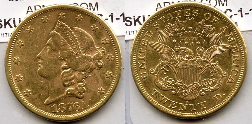 1876-S Liberty Head $20.00 Gold Double Eagle AU-50