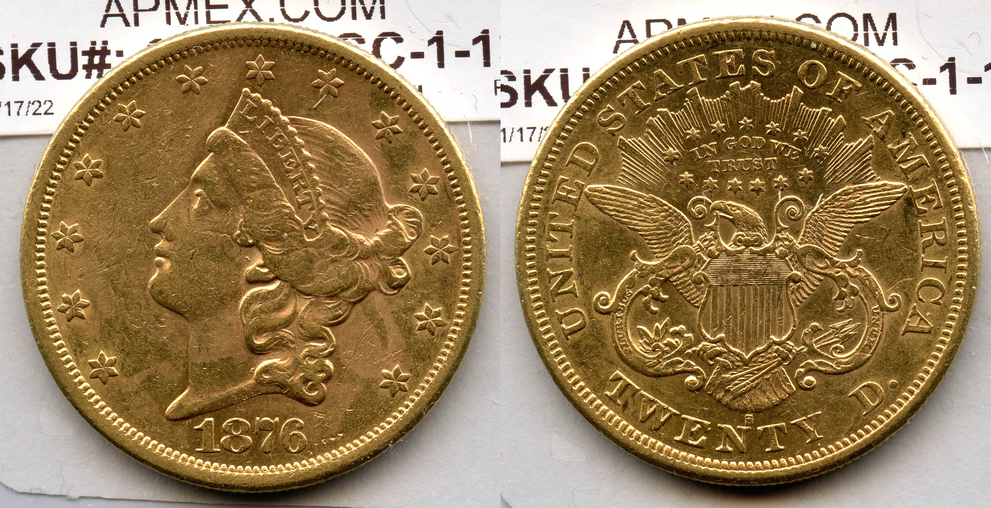 1876-S Liberty Head $20.00 Gold Double Eagle AU-50 large