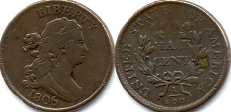 1806 Draped Bust Half Cent EF-40 Reverse Spot