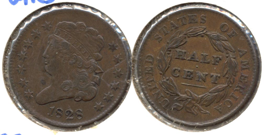 1828 13 Stars Classic Head Half Cent EF-45