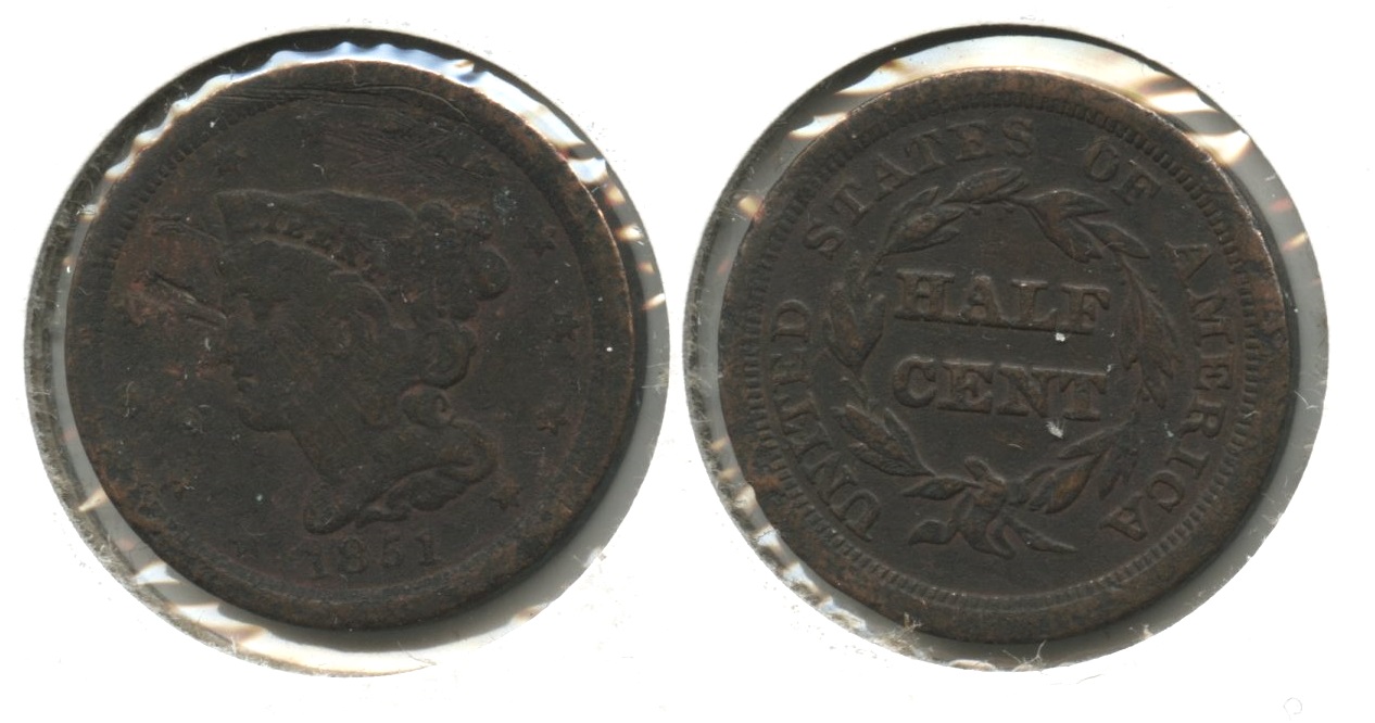 1851 Coronet Half Cent Fine-12 Porous
