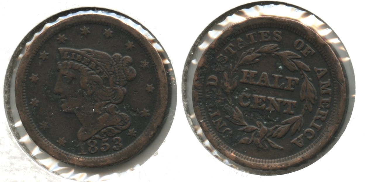 1853 Coronet Half Cent Fine-12 #a Pits