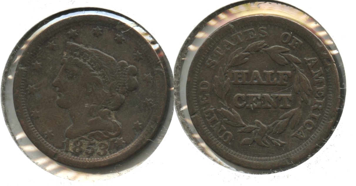 1853 Coronet Half Cent Fine-12 #b Light Damage