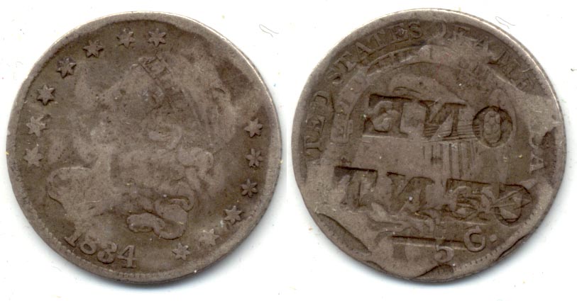 1834 Capped Bust Half Dime VG-8 Counterstamped Reverse