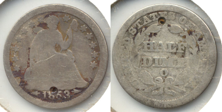 1853-O Seated Liberty Half Dime Good-4 b Holed