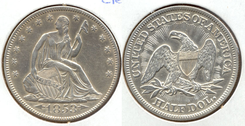 1853 Seated Liberty Half Dollar AU-50 Cleaned