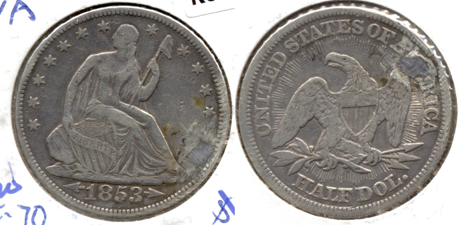 1853 Seated Liberty Half Dollar VF-20 a Plugged
