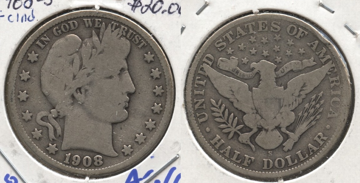 1908-S Barber Half Dollar Good-4 #e Cleaned