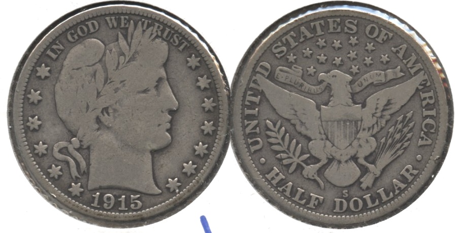 1915-S Barber Half Dollar VG-8 e Rim Tic