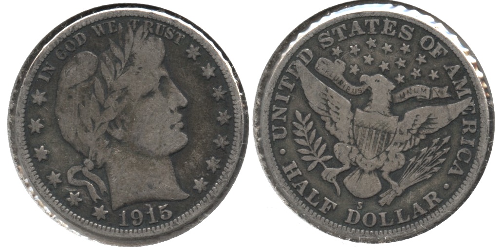 1915-S Barber Half Dollar VG-8 #f Bit Dark