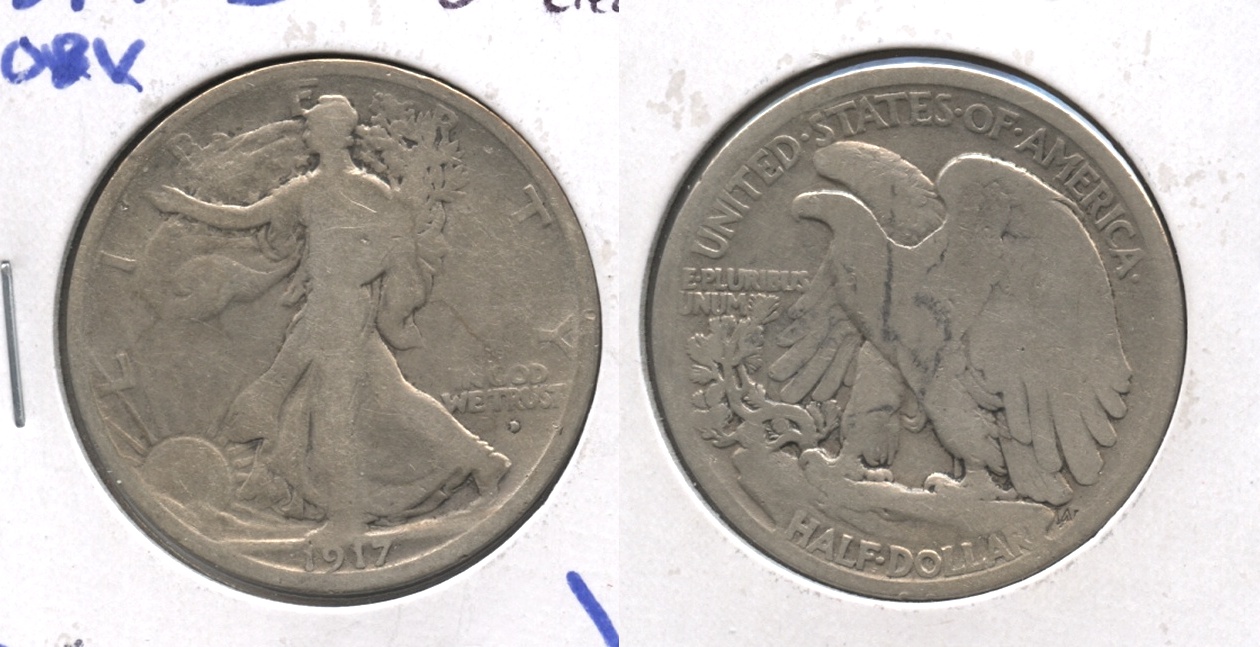 1917-D Obverse Mint Mark Walking Liberty Half Dollar Good-4 #j Cleaned