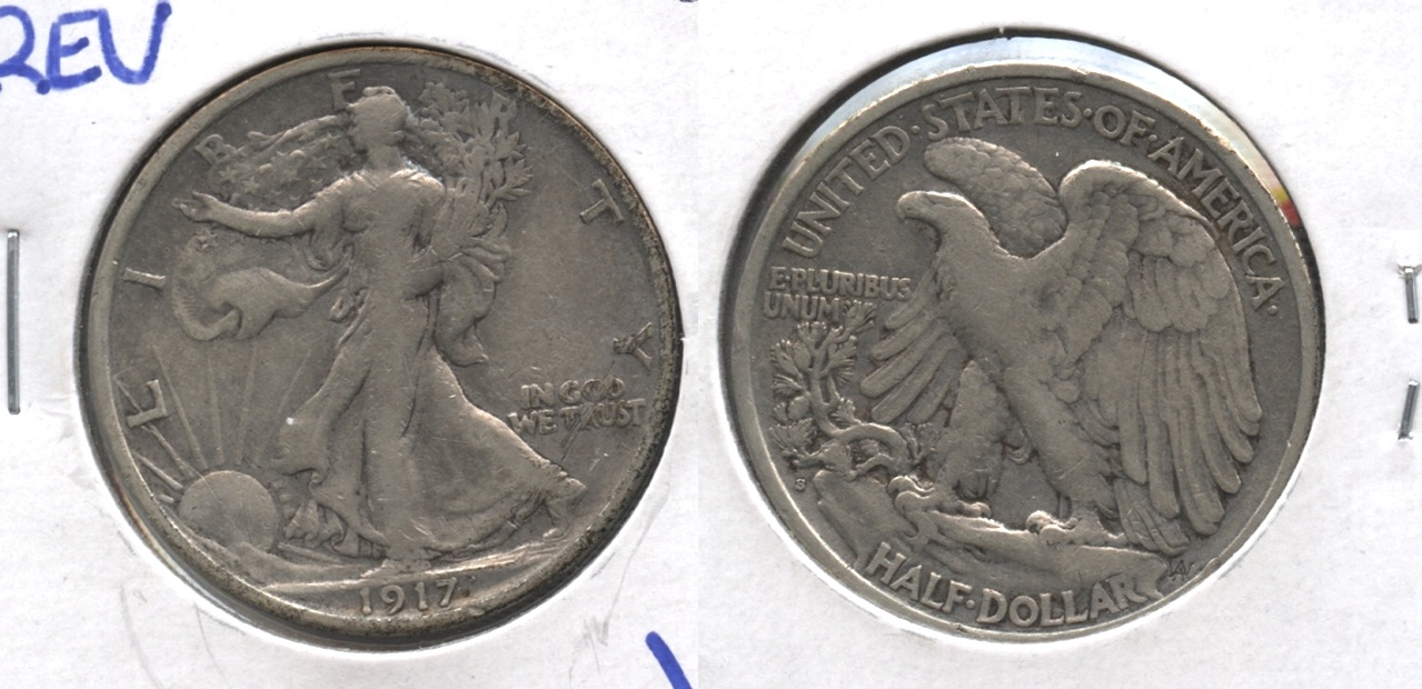 1917-S Reverse Mint Mark Walking Liberty Half Dollar Fine-15 Lightly Cleaned