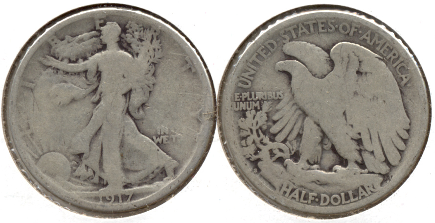 1917-S Reverse Mint Mark Walking Liberty Half Dollar Good-4 o