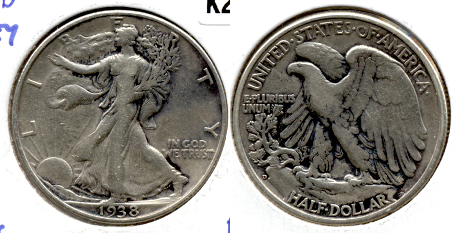1938-D Walking Liberty Half Dollar Fine-12 Light Cleaning