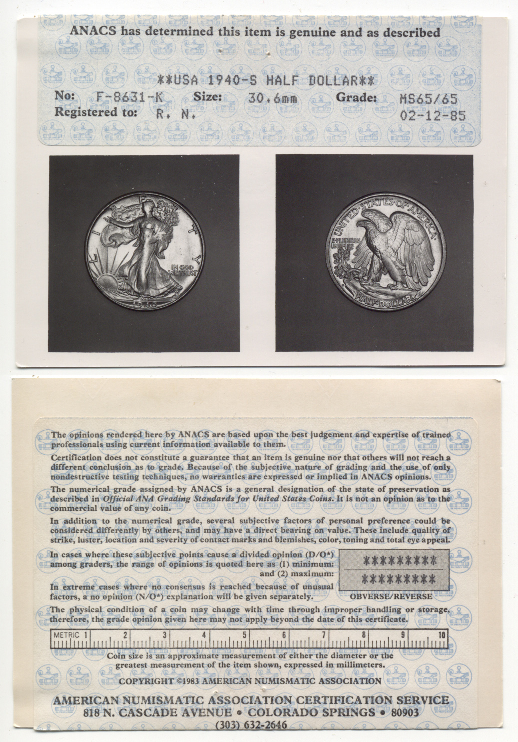 ANACS MS-65 Certificate