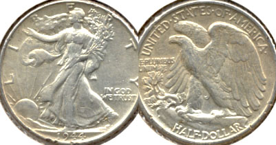 1944 Walking Liberty Half Dollar AU-50 a Rim Ding