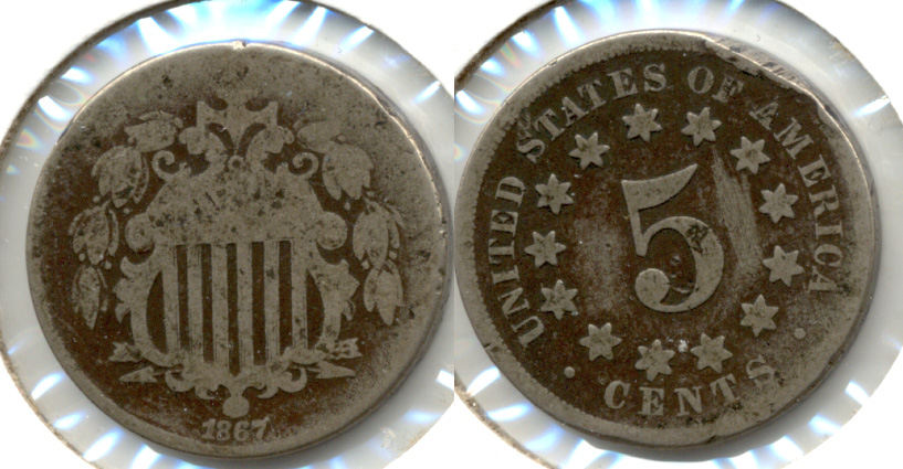 1867 No Rays Shield Nickel AG-3 k Rim Bump