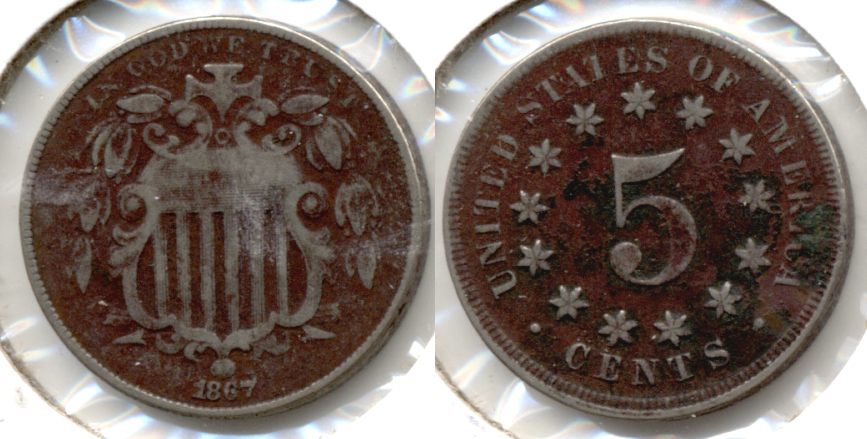 1867 No Rays Shield Nickel Fine-12 c Dark
