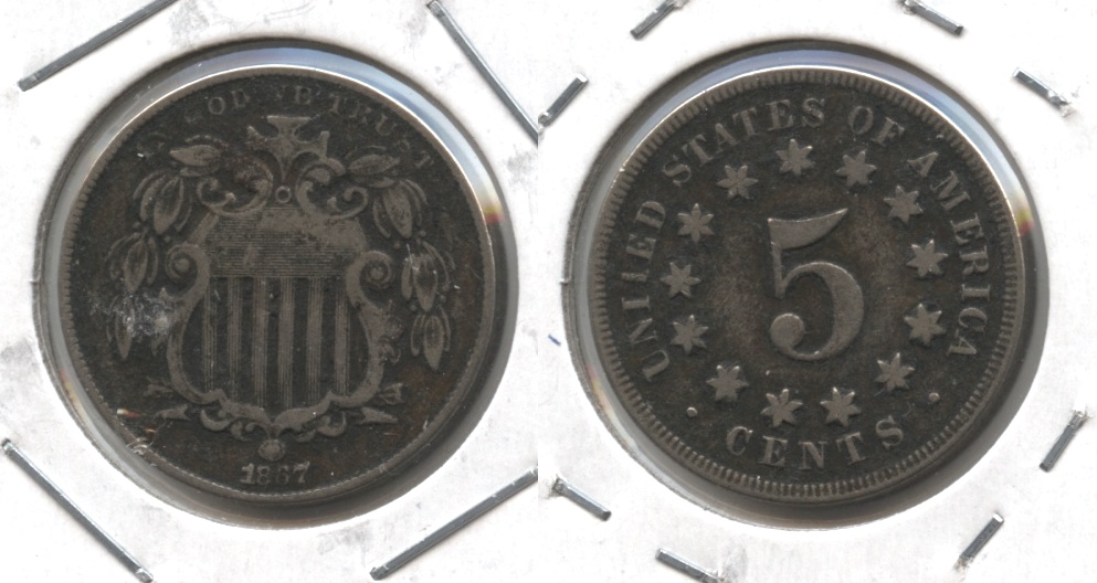 1867 No Rays Shield Nickel Fine-12 #f Bit Dark