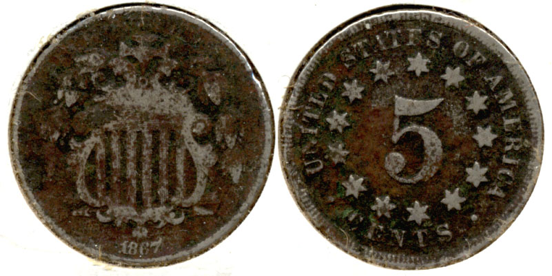 1867 No Rays Shield Nickel Good-4 b Dark
