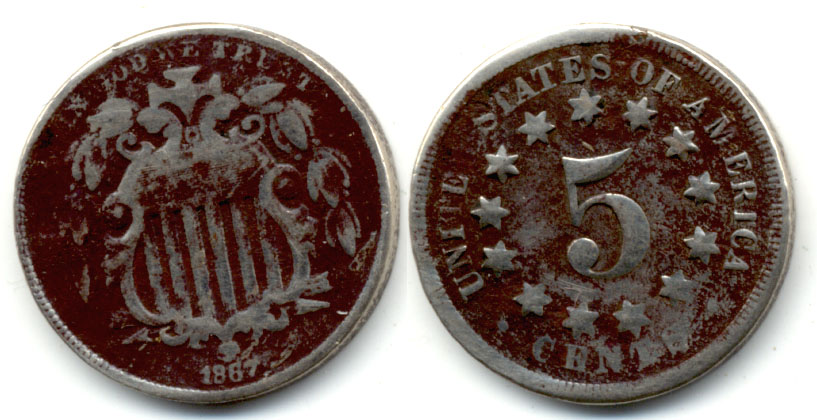 1867 No Rays Shield Nickel Good-4 i Dark