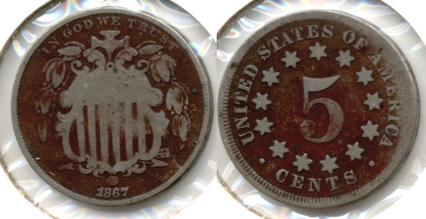 1867 No Rays Shield Nickel Good-4 o Dark