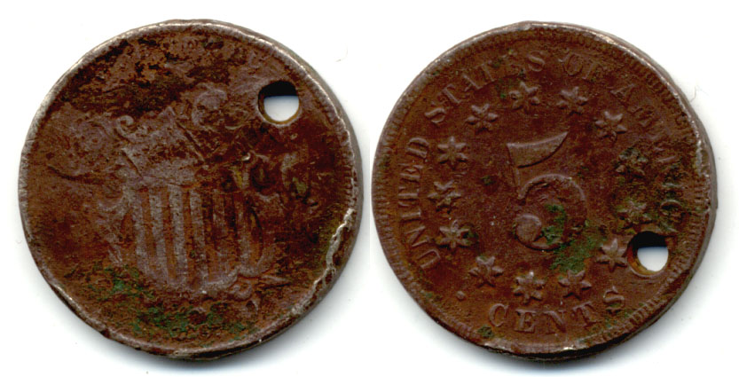 1867 No Rays Shield Nickel VG-8 Hoeld