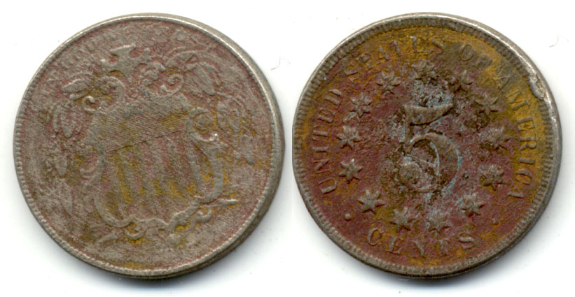 1867 No Rays Shield Nickel VG-8 c Porous