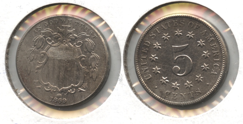 1869 Shield Nickel AU-50 Harshly Cleaned