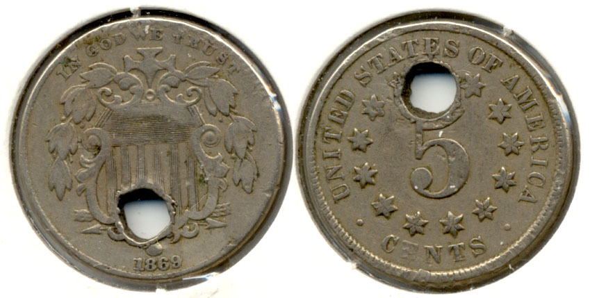 1869 Shield Nickel Fine-12 Holed