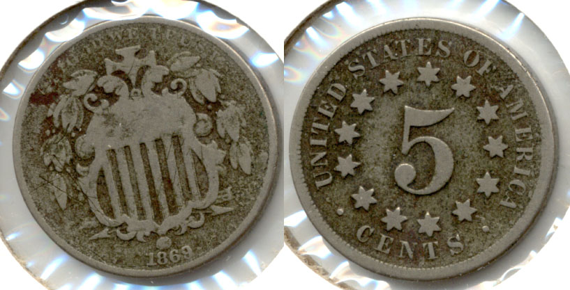 1869 Shield Nickel Good-4 f