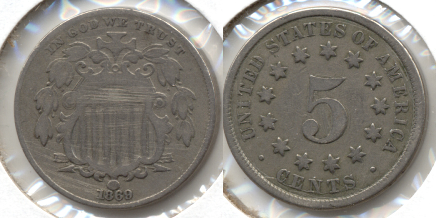 1869 Shield Nickel VG-8 f Light Scratches