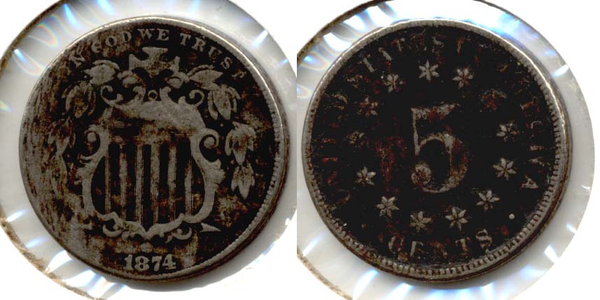 1874 Shield Nickel VG-8 a Dark